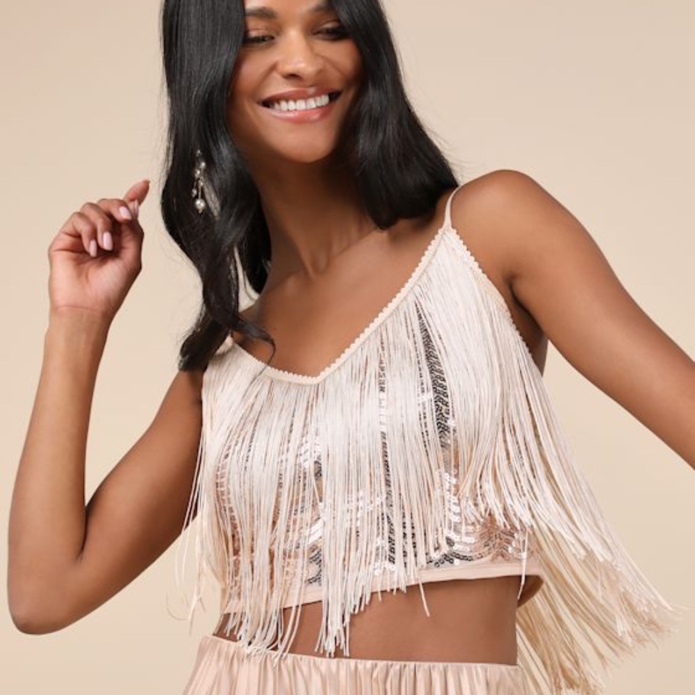 Lulus Get In The Groove Champagne Sequin Fringe Crop Top Gold - Size L